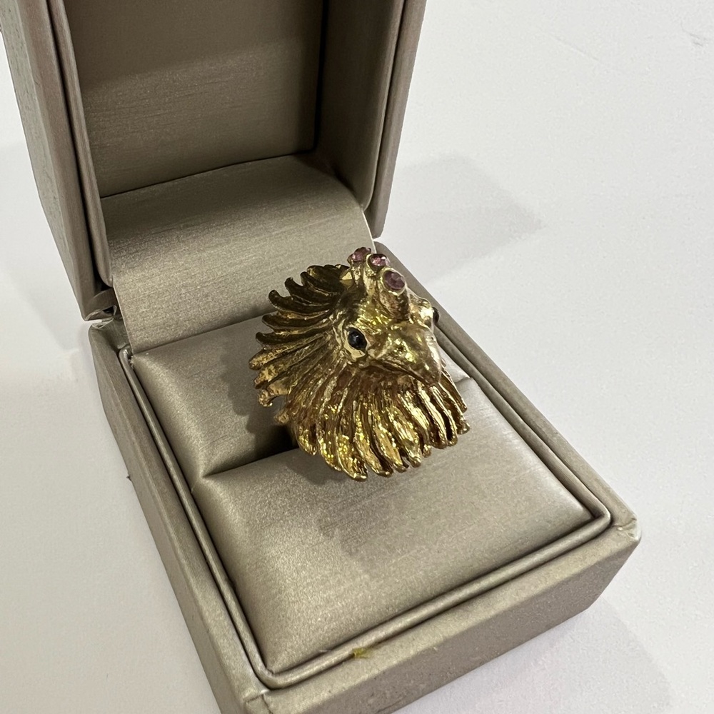 Gold Rooster Head Ring with Purple Accents